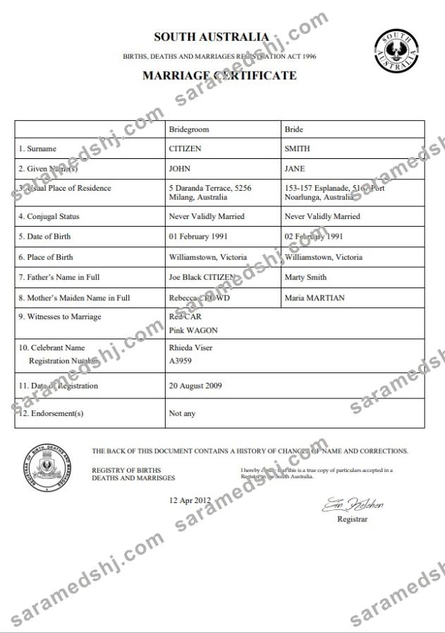 Australia South Australia marriage certificate template in Word